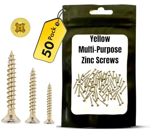 Yellow Zinc Pozi Countersunk Wood Screws – 4 x 50mm – Multi-Purpose Self Tapping Screws for Hardwood, Softwood, MDF, Chipboard & Plastic – 50 Pack