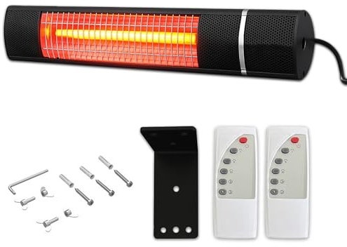 Wall Mounted Electric Patio Heater with Remote Control | 2000W Carbon Infrared Outdoor & Indoor Heater | 3 Heat Settings 750W/1500W/2000W | IP65 Waterproof | Graphene Lamp | Black (Black)