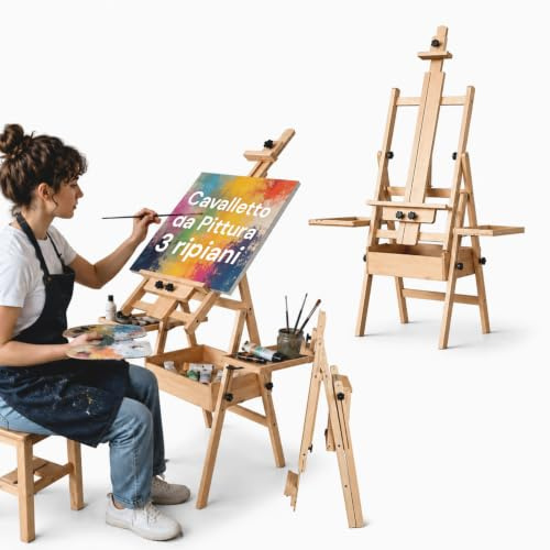 Avilia - Cavalletto in Legno di Faggio Regolabile con 3 Scomparti, Ripiani Porta Pennelli, Cavalletto Pittura con Altezza Adattabile per Artisti e Bambini, Utilizzo Verticale e Orizzontale