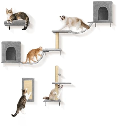 Nobleza Kletterwand Katzen 6 Set, Lounging bis 10 kg, Stabiles Katzen wandelemente für Schlafen, Spielen, 2 Katzenhäuser mit stabilen Kratzsäulen, Hängebrücke & festem Kratzbrett
