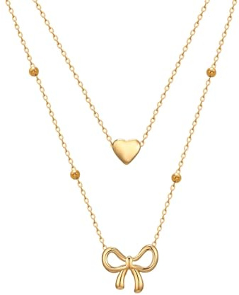 MPRAINBOW Collier Double Chaîne Femme OR - Double Niveau Cœur Nœud Plaqué Pendentif Or 14K Chaîne Réglable 45+5cm Cadeau pour Fille Mère Remise de Diplôme Anniversaire Fête des Mères