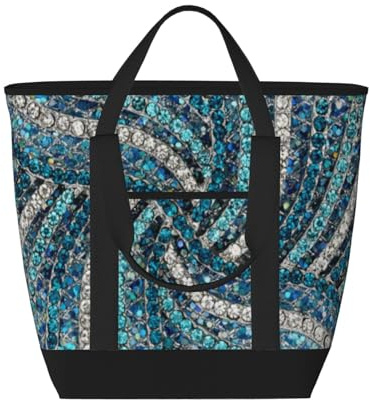 Sac cabas isotherme bohème gris argenté et bleu turquoise – Grand format, imperméable et adapté au contact alimentaire, idéal pour faire les courses, déjeuner, pique-niquer et emporter des plats.