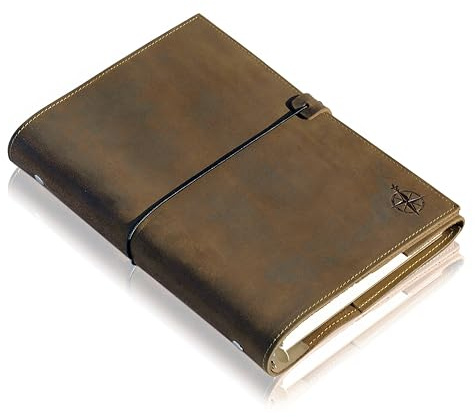 Wanderings Agenda de Cuero A5 con Anillas – Diario Recargable Sin Fecha – Horario Diario por Horas, 60 Páginas Semanales – Compatible con Filofax – Cuero Genuino de Grano Completo – 17 x 22,5 cm