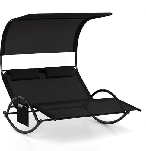 GIANTEX Doppelter Schaukelstuhl, Schaukelliege mit Sonnendach, Kopfstützenkissen, Metallrahmen & Armlehnen, robuste Schaukelliege für den Außenbereich, für Terrasse, Hinterhof, Pool, Schwarz (Schwarz)