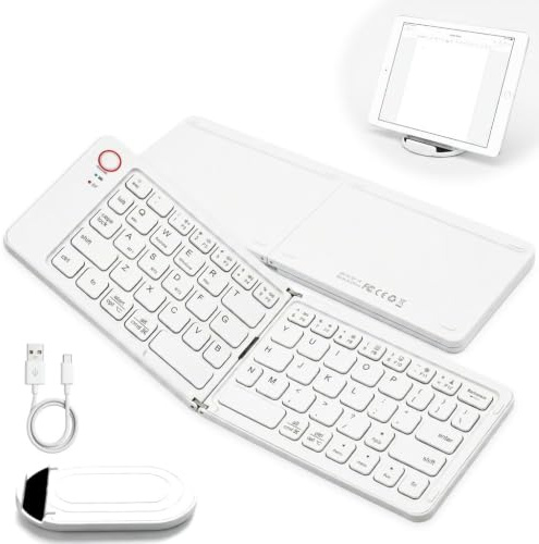Faltbare Bluetooth Tastatur ohne Ziffernblock für Tablet und Handy | Kompakt, faltbar, ohne Ziffernblock. Leises Tippen, lange Akkulaufzeit. Kompatibel mit iOS, Android, Windows.