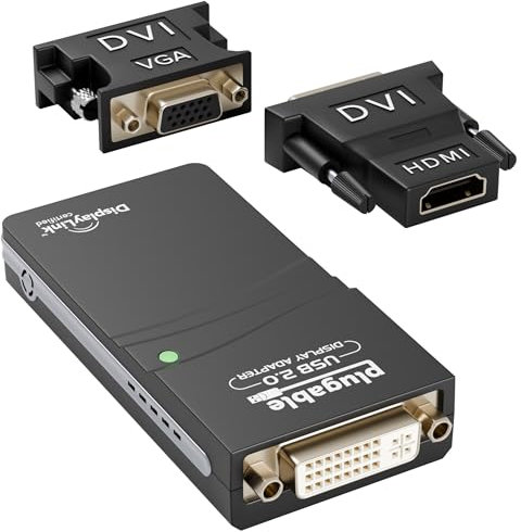 Plugable USB 2.0 to DVI, VGA, or HDMI Multi-Monitor External Video Graphics Card Adapter up to 1920x1080 Supports Windows 11, 10, 8.1, 7, XP, Mac, and ChromeOS