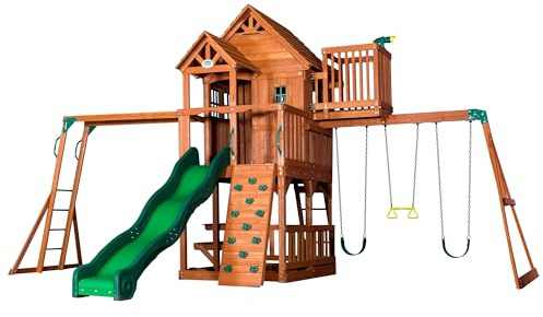 Backyard Discovery Skyfort II Wooden Climbing Frame & Swing Set with Slide, Swings, Monkey Bars, Playhouse | Cedar Garden Playset with Rock Wall, Crow’s Nest | Kids Outdoor Play Equipment (3–10 Years)