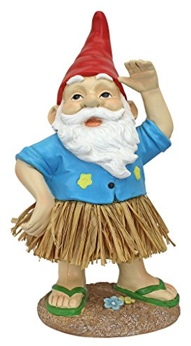 Design Toscano Hawaii-Hank, Gartenzwerg mit Bast-Rock, Kunstharz, Mehrfarbig, 12.5 x 16.5 x 32 cm