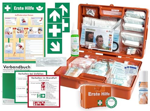 Verbandskoffer/Verbandskasten (M) Typ CS -Komplettpaket- Erste Hilfe nach aktueller DIN 13157 für Betriebe INKL. VERBANDBUCH n. DSGVO + Hygiene-Gel & Sprühpflaster + AUSHANG + AUFKLEBER