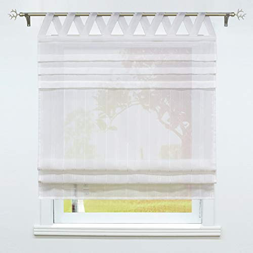 SCHOAL Raffrollo mit Schlaufen Gardinen Küche Raffgardinen Landhaus Schlaufenrollo Vorhänge Leinen Halbtransparent 1 Stück BxH 140x140cm Weiß