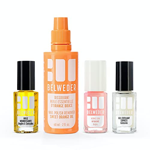 BELWEDER - Kit de Soins des Ongles - Routine Manucure Express Chez Soi - 7,5ml de Gel Ongle Exfoliant Express + 7,5ml d'Huile Nourrissante + 7,5ml Vernis à Ongles Vitaminé + 60ml de Dissolvant Doux