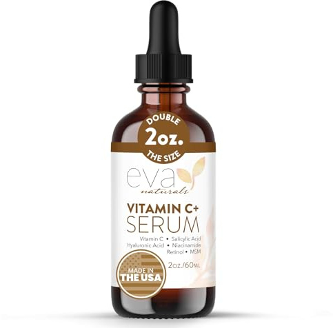 Eva Naturals Vitamin C Serum Plus – Facial Serum with Hyaluronic Acid, Niacinamide, Retinol, and Salicylic Acid – Hydrating and Smoothing Skin Formula – 2 oz