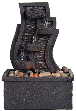 Teamson Home Fontana D'Acqua da Tavolo per Interni, Piccola Mini Fontana d'Acqua Zen, Ornamento Moderno a Cascata da Scrivania con Luci e Pompa, Grigio