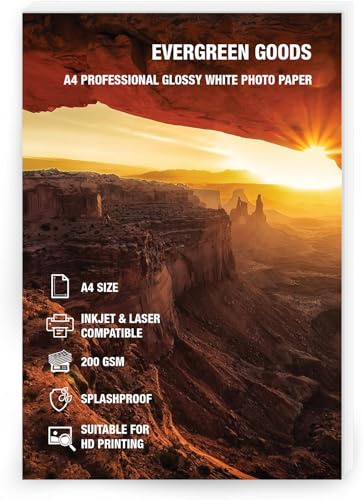Evergreen Goods 50 Blatt A4 Glänzend Weißes Beidseitig Bedruckbares Fotopapier 200 GSM Tintenstrahl & Laserdrucker Kompatibel Hochauflösendes Papier für Fotodruck, Scrapbooking, Karten & Basteln | Inkjet & Laser bedruckbares weißes Papier, hochauflösend für Fotodruck, Scrapbooking, Karten & Basteln