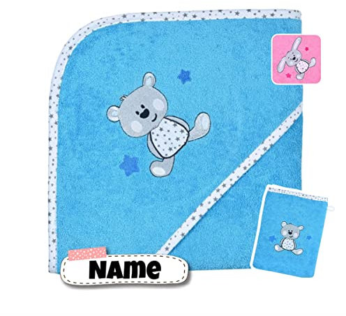 Baby Kapuzenhandtuch Set mit Waschlappen | Baby Handtuch 80 x 80 cm Kapuzenbadetuch | personalisiert | Baby Badetuch Bestickt mit Namen | Baby Erstausstattung | Jungen Mädchen (Hund türkis)