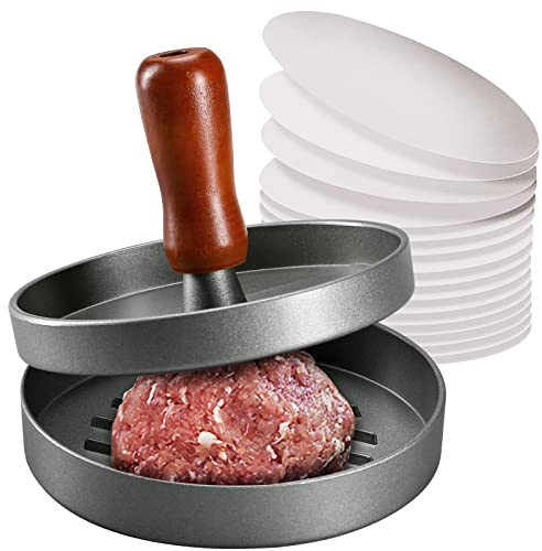 PIQUEBAR Burger Press Patty Maker Stainless Steel Hamburger Patty Press Mold Wood Handle Non-Stick with 100 Patty Papers