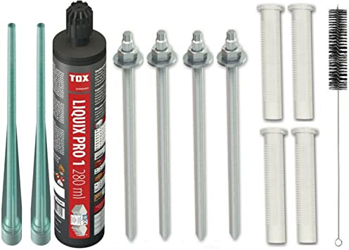 Schwerlastbefestigung SET M10x190mm VERZINKTER STAHL 5.8 TOX Verbundmörtel Liquix Pro 1 + 4 Gewindestangen + 4 Siebhülsen 16x85mm + Zylinderbürste/Klebeanker Ankerstangen
