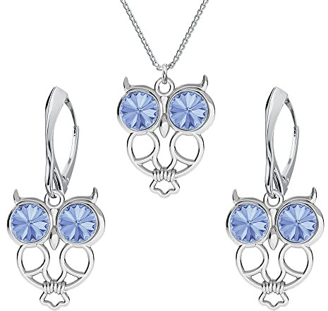 Schmuckset für Damen Ohrringe Silber 925 Hängend Eule Weisheit - Kette Damen mit Anhänger Schmuck Set für Sie mit Kristallen - Ohrringe Hängend und Halskette Mädchen Geschenk Frauen (Light Sapphire)