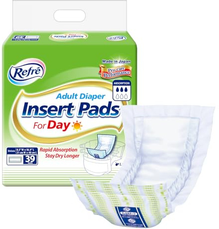 Refré Adult Diaper Insert Pads for Day - Unisex Booster Liners for Tabbed Briefs with Odor Control & Leak Protection - 450cc Absorbent Incontinence Pads, 8.3x18.9 (39 Count)