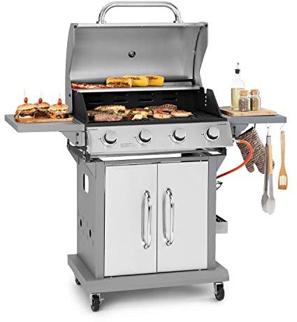 Klarstein 4-Brenner Edelstahl Gasgrill mit 14400W Leistung, Seitenbrenner & Grillabdeckung – Outdoor Propan-Butan BBQ Grill für Camping, Balkon & Garten