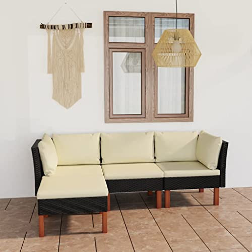 homiuse 4 Stück Lounge Gartenmöbel Set mit Kissen Balkonmöbel Set Sofagarnitur Terrassenmöbel Outdoor Gartentisch Sofa 4 Sitzer mit Rückenkissen Ecksofa Poly Rattan Eukalyptusholz Schwarz