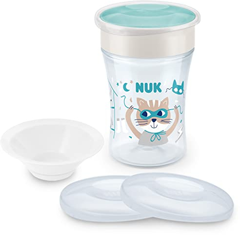 NUK Magic Cup Trinklernbecher | 230 ml | Blaue Katze + Ersatzdeckel 2er Pack, ab 8 Monaten + Ersatz-Silikondichtscheibe, ab 8 Monaten, Weiß