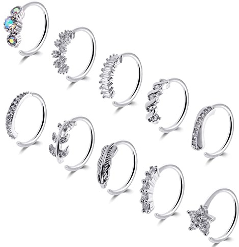 Yolev 10Pcs Nose Rings Hoops Silver Septum Clicker Rhinestones Paved Leaf Feather Hinged Cartilage Tragus Lip Earrings Nose Piercing Hoop for Women(8MM)