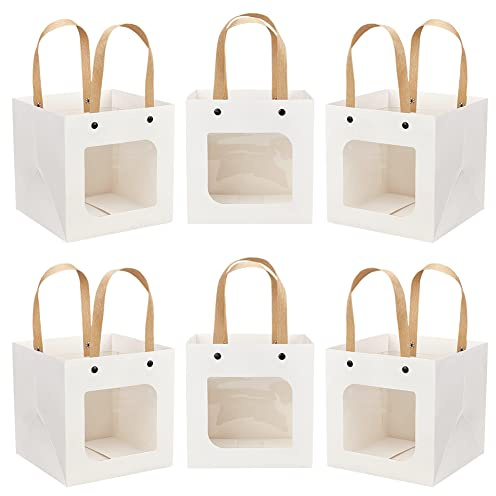 NBEADS 12 Stück weiße Kraftpapier Geschenktüten mit Fenster, 15x15x15cm Träger Papier Einkaufstaschen mit Griffen Party Favor Einzelhandelstaschen für Lebensmittellagerung Blumensträhne Hochzeit Party