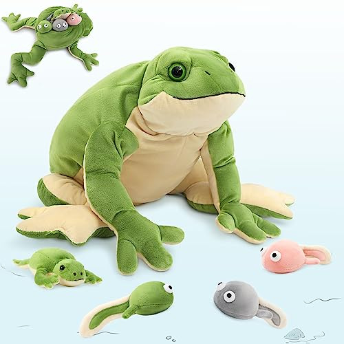 MorisMos 52cm lang Frosch Kuscheltier XXL,Plüschfrosch mit 4 Babys (3 Kaulquappen und 1 klein Frosch), groß Frog Plüschtier Stofftier Kuscheltiere weich Puppe Kissen Spielzeug für Jungen