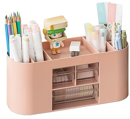 Lvjkes pennhållare, förvaringslåda, skrivbordsförvaring, 10 fack, stor kapacitet, dubbelskikt, transparent låda, kan förvara pennor, färgpennor, olika skrivmaterial (rosa)