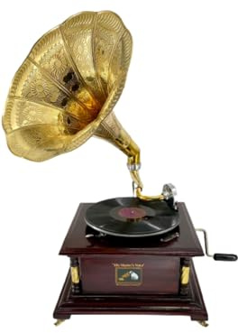 Grammofono con tromba in ottone HIS MASTER'S VOICE riproduzione quadrato con inserti dorati artigianato Made in Italy