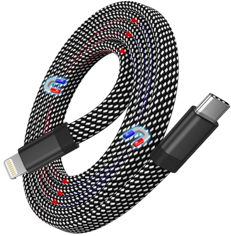 Magtame Magnétique Câble USB C vers Light-ning 1M, Plat Cable i-Phone USB C Certifié MFi en Nylon Tressé, Câble de Chargement Rapide 30W Enroulé pour i-Phone 14 Pro Max 13 12 11 XR XS X 8 7 SE