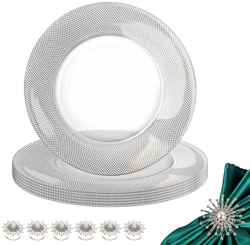 WedDecor 13 Inch Clear Glass Charger Plates Set of 6 with Silver Checkered Design & Pearl Diamante Napkin Rings - Perfect for Weddings, Dinner Parties, and Table Decorations