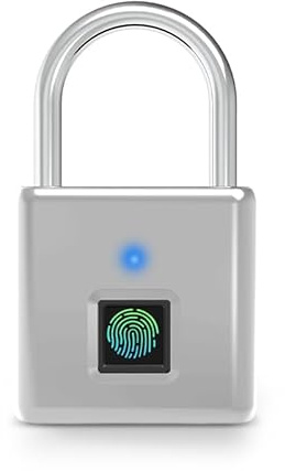 Schloss mit Fingerabdruck,IP55 Wasserdicht,Vorhängeschloss Fingerabdruck,USB-Aufladung Bluetooth Biometrisch Hohe Sicherheitsverriegelung für Gym Locker,Garage,Schuppen,Silber