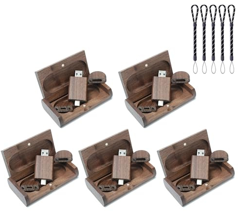 Meiyuexiang 5 Stück USB-C-Memorystick 128GB,USB C Flash-LaufwerkUSB 3.0 Stick Typ C Hochgeschwindigkeits-USB C-Laufwerk Dual-OTG-Stick,Walnussholz-Holzbox für TV, Auto, Smartphones, PC, Laptop