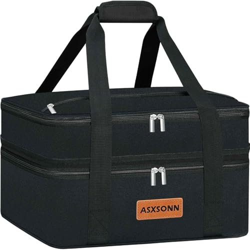 ASXSONN Double Decker Insulated Casserole Carrier for Hot or Cold Food, Expandable Insulated Food Carrier for Parties, Picnic, Beach, Fits 9x13 Baking Dish (Black)