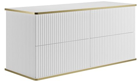 Vente-unique-Mueble Flotante de Lavabo con Rayas Doradas - Blanco - 120 cm - KELIZA