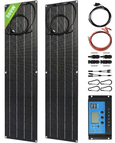 MGHRUE Panel Solar Ultrafino De 500 W, 2 X 250 W 12 V-24 V ETFE Kit De Panel Solar Flexible con Controlador De 40 A, Paneles Solares Monocristalinos Flexibles, Adecuado para Familia, RV, Caravana