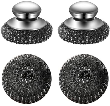 2 Stück Edelstahl Schrubber mit Griff, Auswechselbarer Stahlwolle Schrubber mit 2 Ersatzdrahtbällen Reinigungsschwamm Topfreiniger zum Reinigen von Geschirr