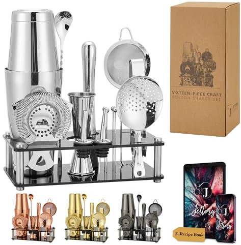 Jettory Boston Shaker Set - Set da Cocktail in Acciaio Inossidabile da 16 Pezzi con Base in Acrilico, Colino, Pinza per Ghiaccio, Cucchiaio da Bar, Misurino, Pestello, Versatori & Picks per Cocktail