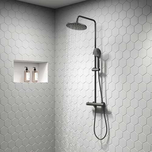 YOOZENA Thermostat Shower Set,Adjustable Height Shower Mixer Set with Overhead Shower,Thermostatic Shower Mixer,Shower Mixer Set for Bathroom,Black