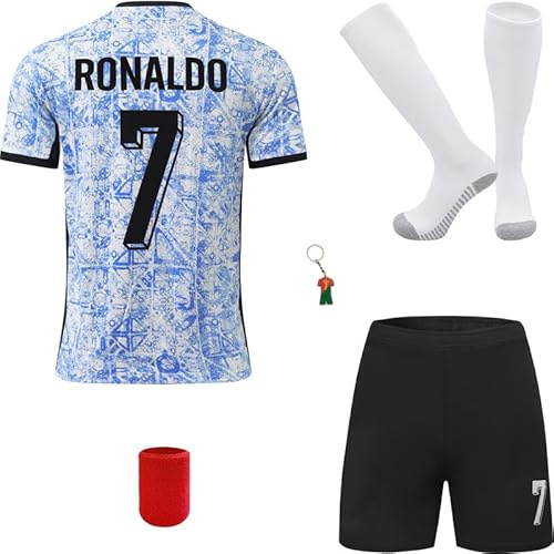 Mikalay Neu #7 Auswärts Fußball Trikot/Shorts/Socken für Kinder Geschenk Set Jugendgrößen (Weiß/Blau,24)