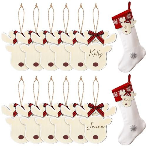 Cinnvoice 12 Stück Hirsch Weihnachtsstrumpf Namensschilder Holz Elch Strumpf Etiketten Geschenkanhänger Weihnachtsmann Hängende Ornament mit Schleife Seil Rentier Holz Namensschild für Weihnachten