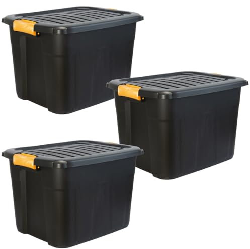 DANIEL JAMES Housewares Heavy Duty Storage Box with Lid - Large Plastic Stackable Storage Boxes with Clip Handles - Lockable BPA Free Indoor Outdoor Garage Storage Trunk Box - 3 Pack, Black, 42l
