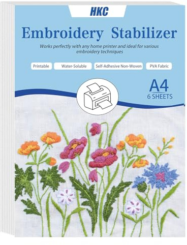 HKC Stabilizzatore per Ricamo Idrosolubile Autoadesivo, 6 Pezzi A4 (29,7 X 21 Cm) Carta da Ricamo Stampabile o Motivo da Disegno, Carta da Ricamo Solubile in Acqua per Ricamo a Mano e a Macchina