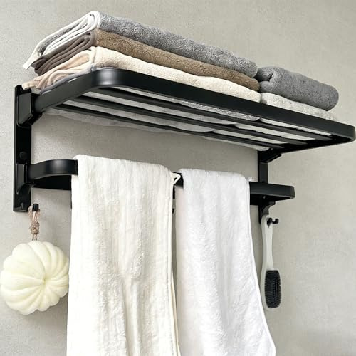 Kolovbe 24in Towel Racks Shelf for Bathroom, Foldable Wall Mounted Towel Storage with 9 Towel Hooks, Modern Rustproof Towel Holder with Shelves, Towel Rail Hanger for Hotel Dorm Restroom RV Gym, Black