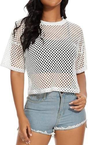 Womens Mesh Top Short Sleeve See Through Fishnet T Shirt Neon Tops | soft and lightweight, multiple colours, trendy festival outfits, stylish streetwear for club nights