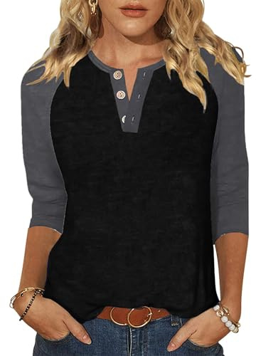 Halife Womens Three Quarter Sleeve Shirts V Neck Casual Tops Color Block Blouses Fashion Trendy Outfits Black Grey M