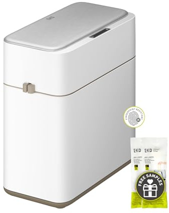 EKO Automatic Bathroom Trash Can with Lid, 2.1 Gallon Touchless Garbage Bin with Removable Bucket, Slim Stainless Steel Garbage Bin, Motion Sensor Trash Can for Bathroom, Bedroom, Office, White