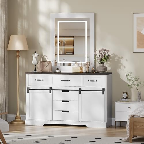 dainslef 6 Drawers Dresser for Bedroom with LED Light, Farmhouse Dresser & Chest of Drawers with Sliding Barn Doors, Wooden Storage Cabinet for Bedroom, Living Room, Kitchen, White